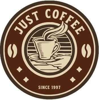 El Logo de Just Coffee el cual esta compuesto por una deliciosa taza de café humeante rodeado de granos de café.